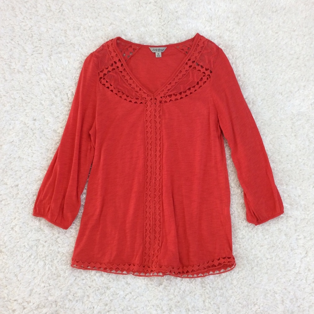 Lucky Brand Coral Crochet 3/4 Sleeve Blouse Top